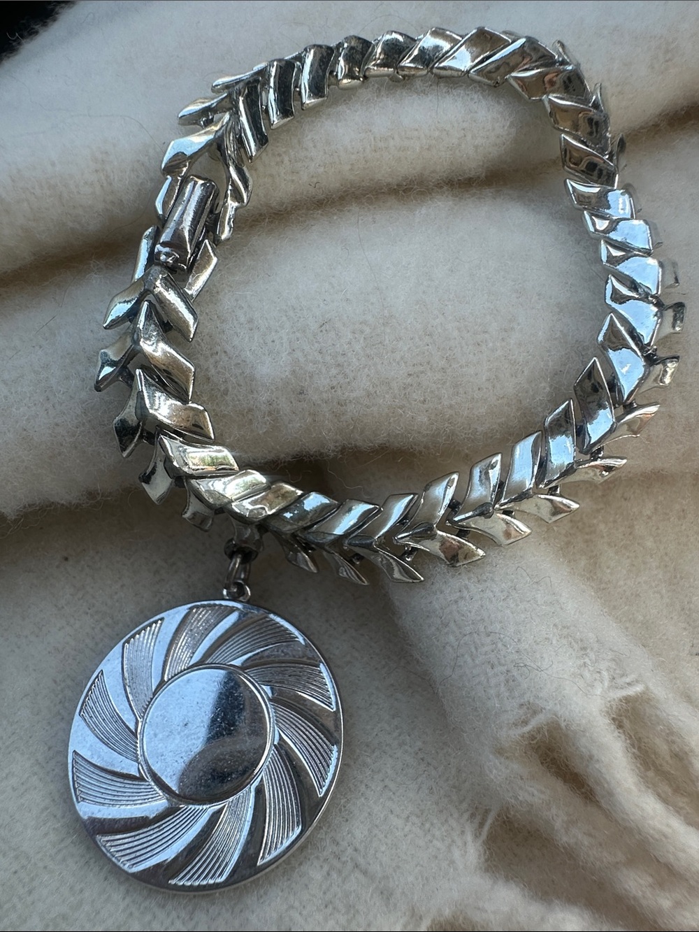 Coro Medallion Silver-Tone Link Bracelet with Swirl Pendant